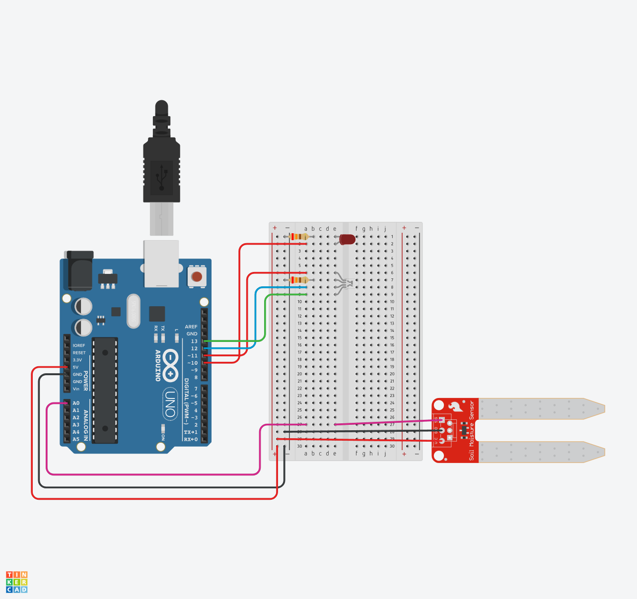TinkerCAD schema: Arduino met bodemvochtsensor, rode statusled en RGB-led